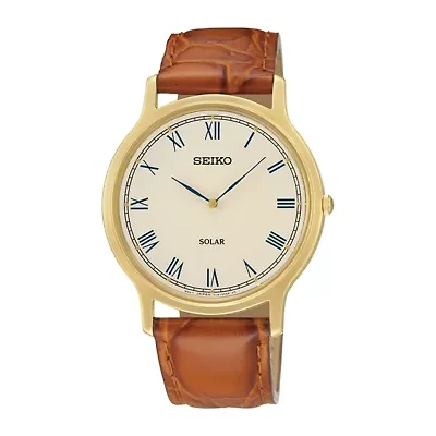 Seiko® Mens Brown Leather Strap Solar Watch SUP876