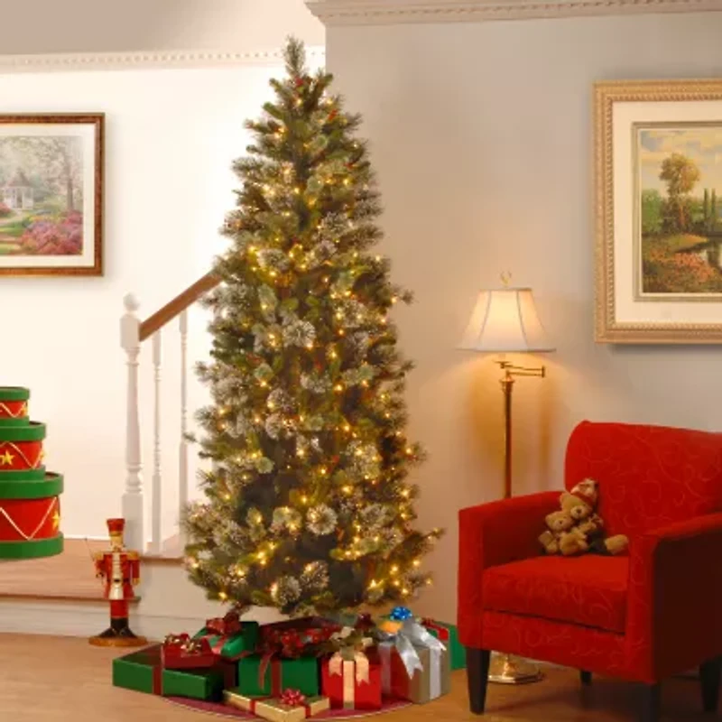 National Tree Co. Wintry Pine Slim 7 1/2 Foot Pre-Lit Flocked Pine Christmas Tree