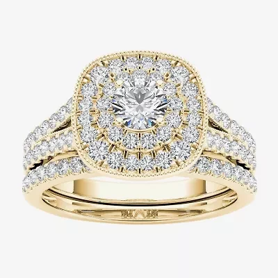 Womens 3/4 CT. T.W. Natural White Diamond 14K Gold Cushion Side Stone Halo Bridal Set