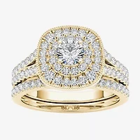 Womens 3/4 CT. T.W. Natural White Diamond 14K Gold Cushion Side Stone Halo Bridal Set