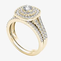 Womens 3/4 CT. T.W. Natural White Diamond 14K Gold Cushion Side Stone Halo Bridal Set