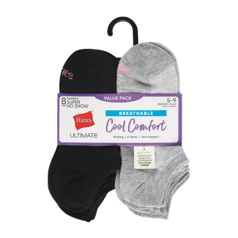 Hanes Cool Comfort Super No Show Womens Breathable Multi-Pack 8 Pair Liner Socks