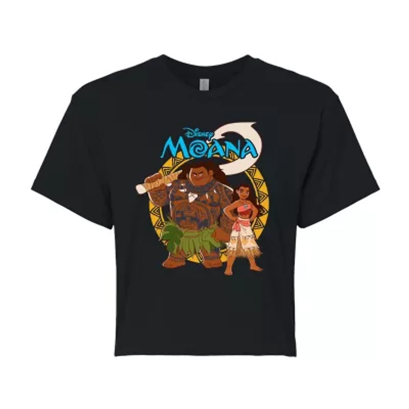 Moana And Maui Cropped Tee Womens Crew Neck Short Sleeve Regular Fit Juniors Graphic T-Shirt