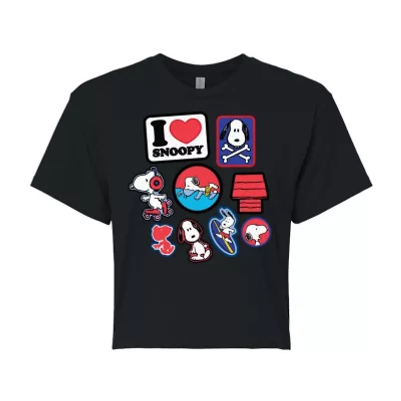 Peanuts Snoopy Patches Tee Womens Juniors Crew Neck Short Sleeve Regular Fit Graphic T-Shirt