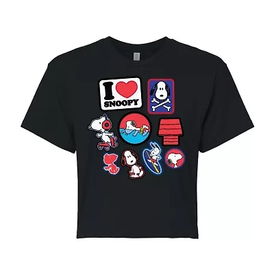Peanuts Snoopy Patches Tee Womens Juniors Crew Neck Short Sleeve Regular Fit Graphic T-Shirt