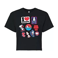 Peanuts Snoopy Patches Tee Womens Juniors Crew Neck Short Sleeve Regular Fit Graphic T-Shirt