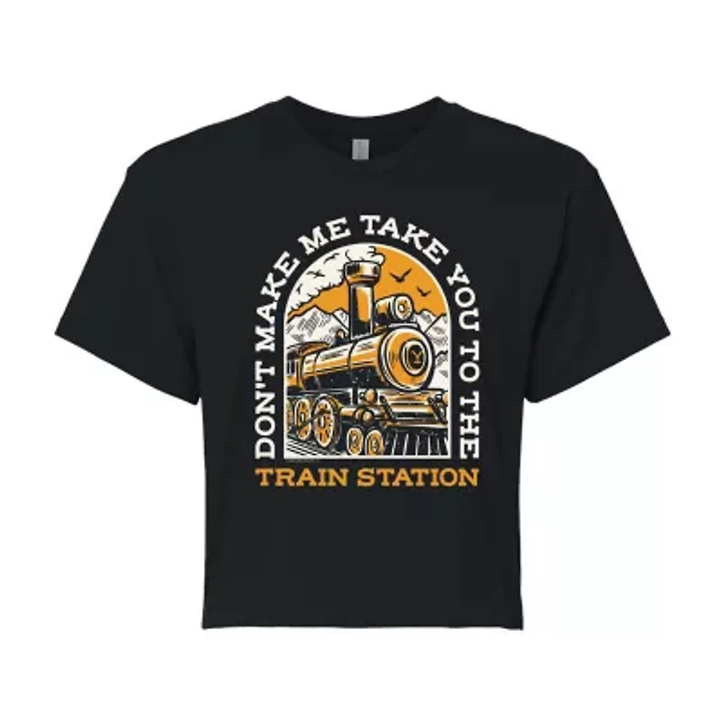 Yellowstone Train Station Cropped Tee Womens Juniors Crew Neck Short Sleeve Regular Fit Graphic T-Shirt