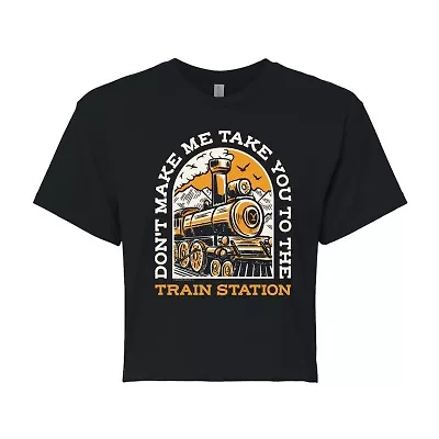 Yellowstone Train Station Cropped Tee Womens Crew Neck Short Sleeve Regular Fit Juniors Graphic T-Shirt