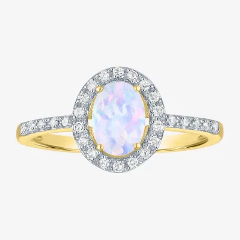 Womens Diamond Accent Lab Created White Opal 10K Gold Halo Side Stone Cocktail Ring