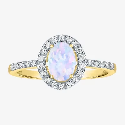Womens Diamond Accent Lab Created White Opal 10K Gold Halo Side Stone Cocktail Ring