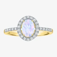 Womens Diamond Accent Lab Created White Opal 10K Gold Halo Side Stone Cocktail Ring