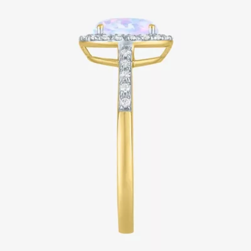 Womens Diamond Accent Lab Created White Opal 10K Gold Halo Side Stone Cocktail Ring