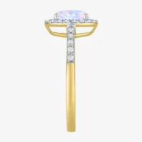 Womens Diamond Accent Lab Created White Opal 10K Gold Halo Side Stone Cocktail Ring