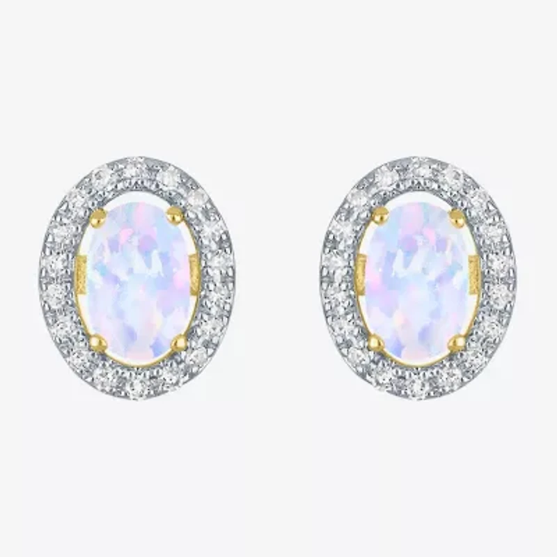 Diamond Accent Lab Created White Opal 10K Gold 9.5mm Stud Earrings