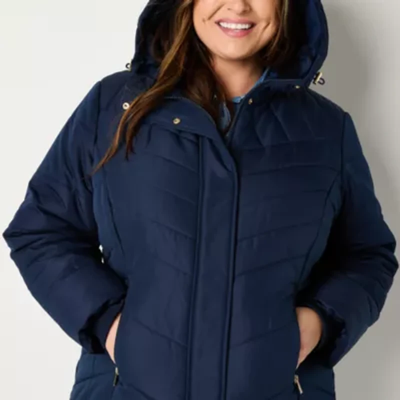Liz Claiborne Womens Plus Hooded Midweight Puffer Jacket