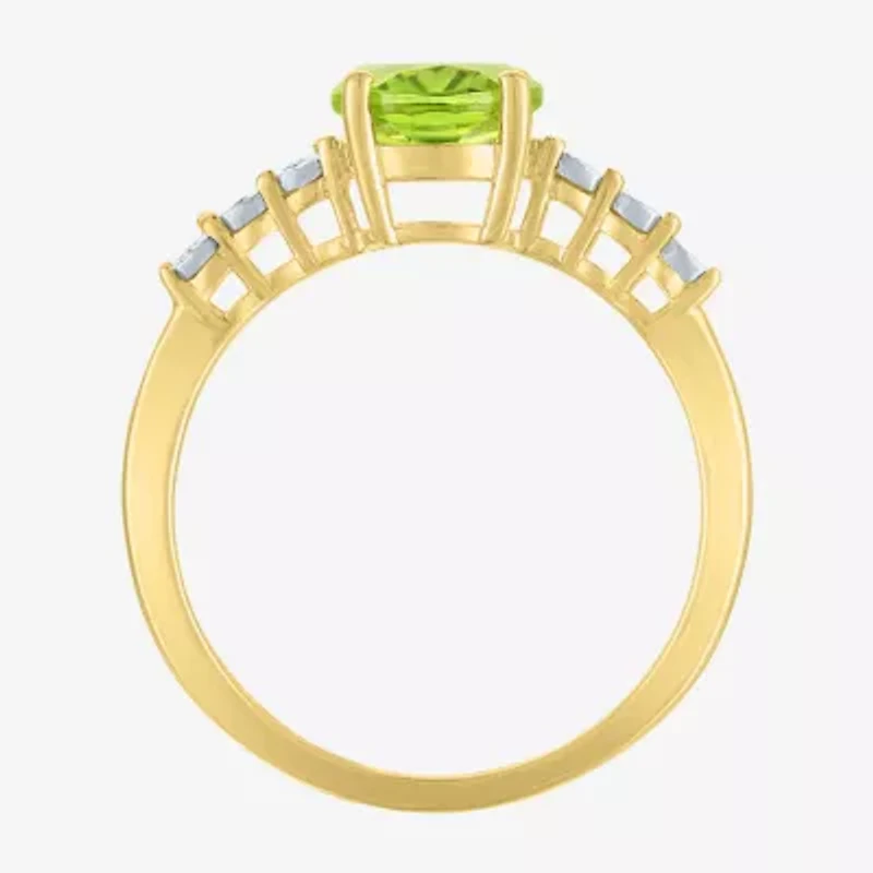 Womens Diamond Accent Genuine Green Peridot 10K Gold Delicate Side Stone Cocktail Ring