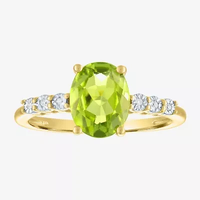 Womens Diamond Accent Genuine Green Peridot 10K Gold Delicate Side Stone Cocktail Ring