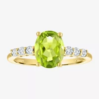 Womens Diamond Accent Genuine Green Peridot 10K Gold Delicate Side Stone Cocktail Ring