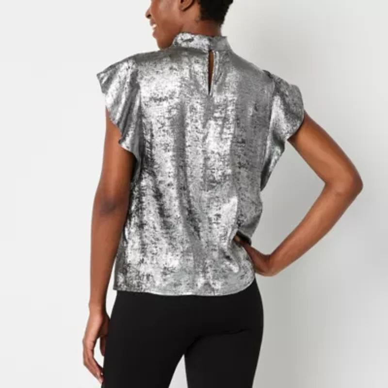 Worthington Womens Keyhole Neck Short Sleeve Satin Blouse