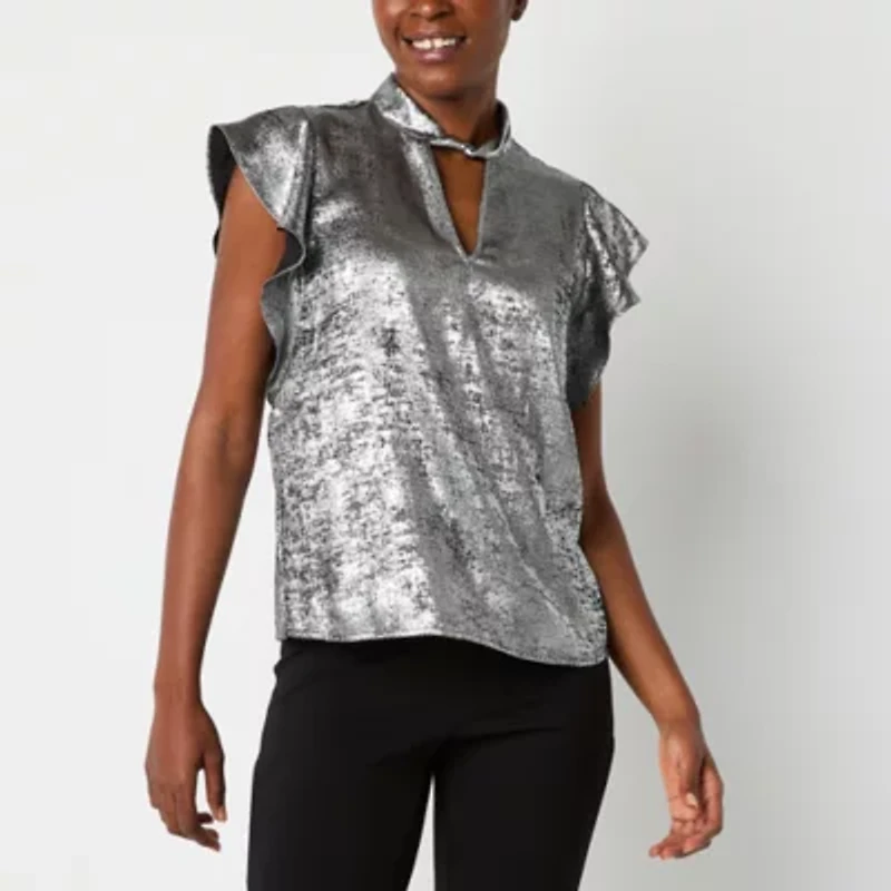Worthington Womens Keyhole Neck Short Sleeve Satin Blouse