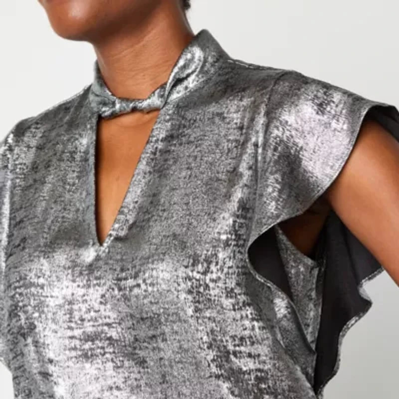 Worthington Womens Keyhole Neck Short Sleeve Satin Blouse