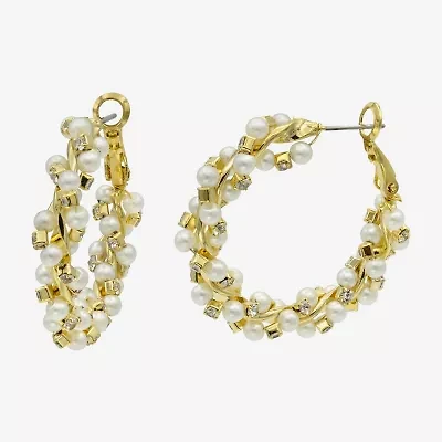 Silver Reflections Womens Cubic Zirconia Simulated Pearl 14K Gold Over Brass 35mm Hoop Earrings