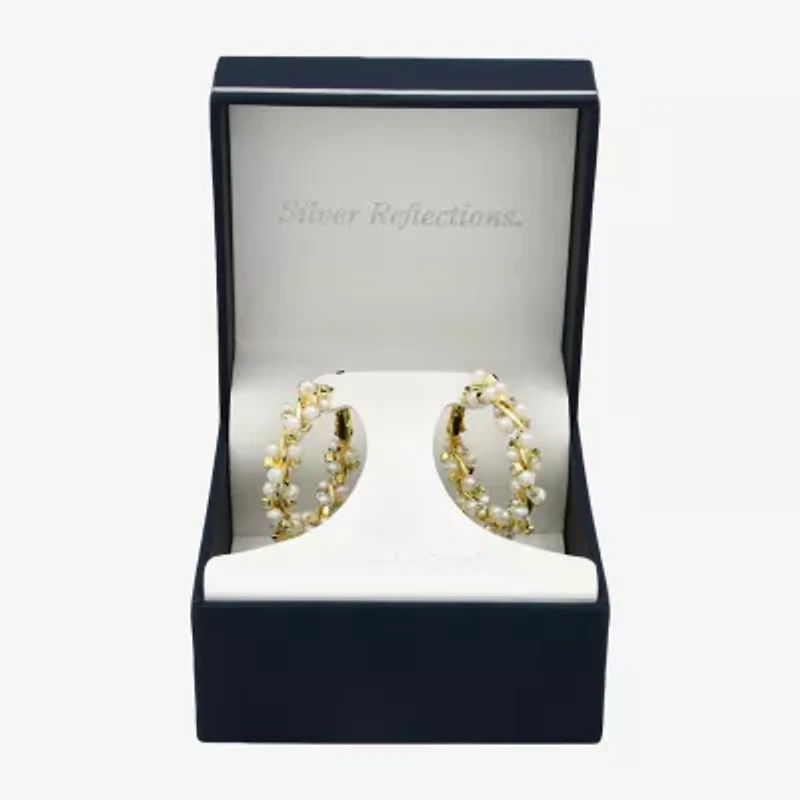 Silver Reflections Womens Cubic Zirconia Simulated Pearl 14K Gold Over Brass 35mm Hoop Earrings