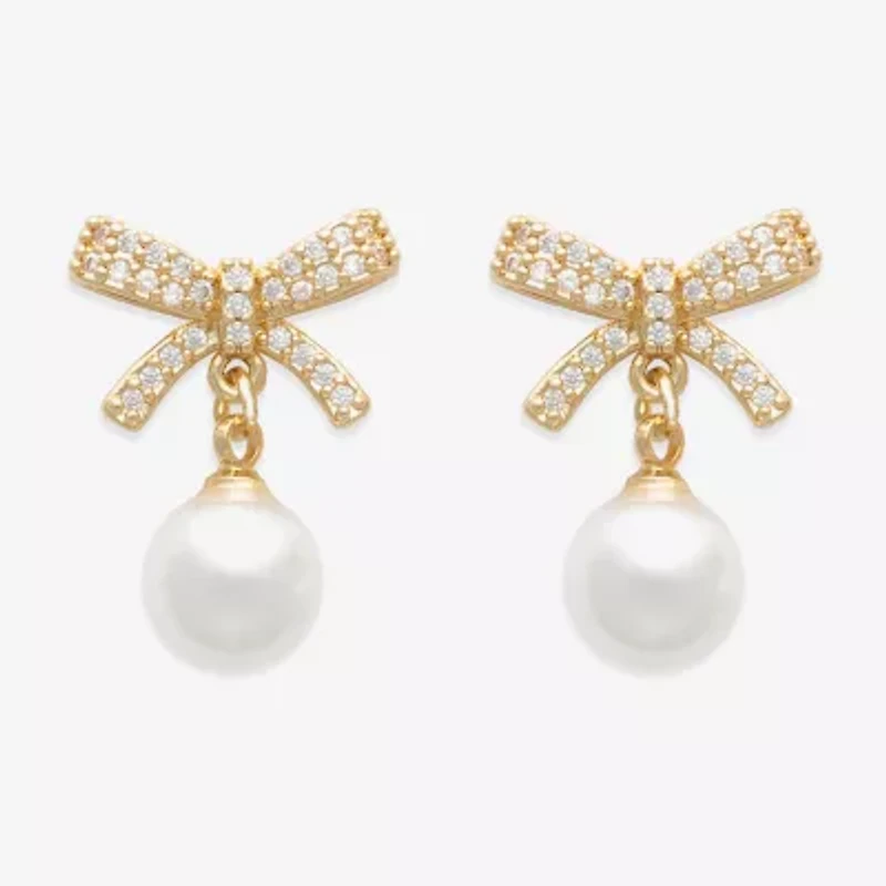 Mixit Womens White Simulated Pearl Bow Drop Earrings