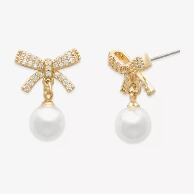 Mixit Womens White Simulated Pearl Bow Drop Earrings
