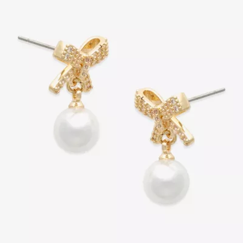 Mixit Womens White Simulated Pearl Bow Drop Earrings