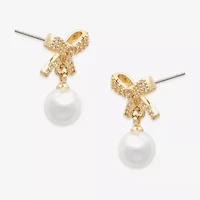 Mixit Womens White Simulated Pearl Bow Drop Earrings