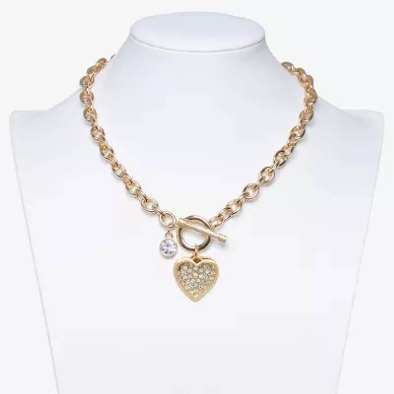 Bold Elements Gold Tone Womens Glass Heart 16 Inch Pendant Necklace