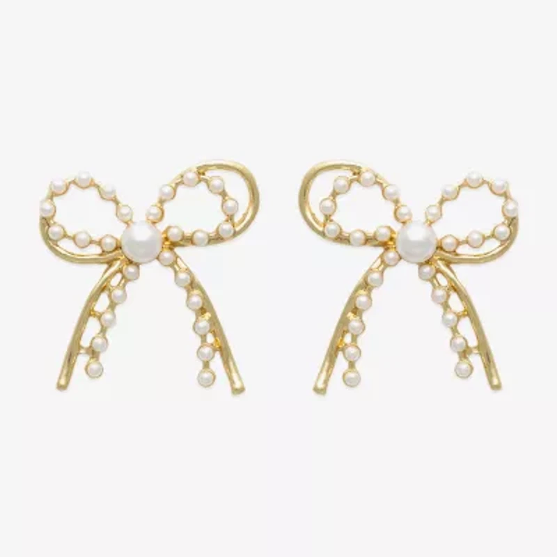Bold Elements Gold Tone Womens Simulated Pearl Bow Drop Earrings