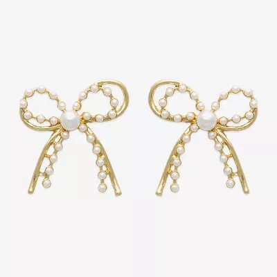 Bold Elements Gold Tone Womens Simulated Pearl Bow Drop Earrings