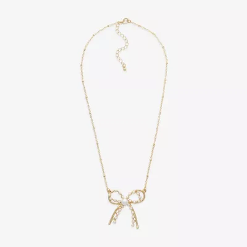 Bold Elements Gold Tone Womens Simulated Pearl Bow 18 Inch Pendant Necklace