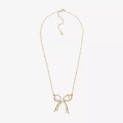 Bold Elements Gold Tone Womens Simulated Pearl Bow 18 Inch Pendant Necklace