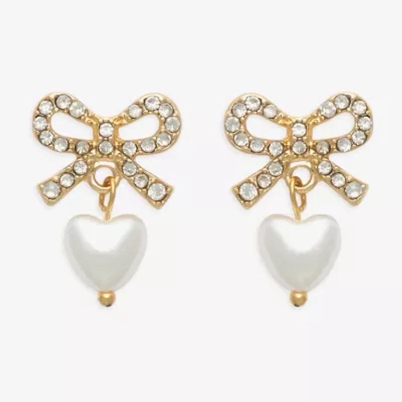 Mixit Womens Glass Simulated Pearl Bow Heart Drop Earrings