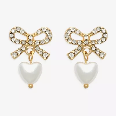 Mixit Womens Glass Simulated Pearl Bow Heart Drop Earrings