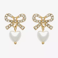 Mixit Womens Glass Simulated Pearl Bow Heart Drop Earrings