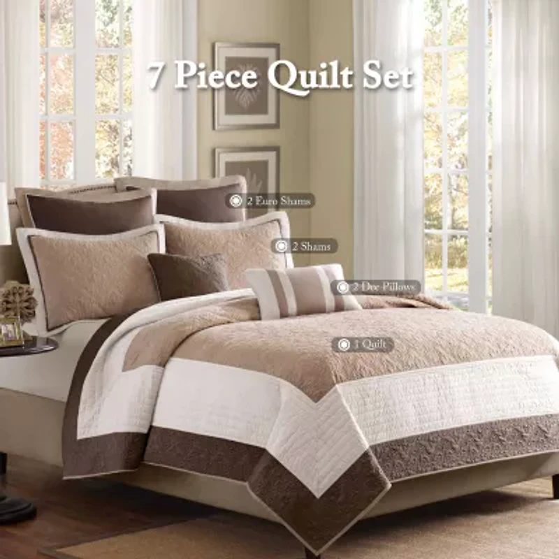 Madison Park Danville 7-Pc Quilt Set with Euro Shams and Throw Pillows