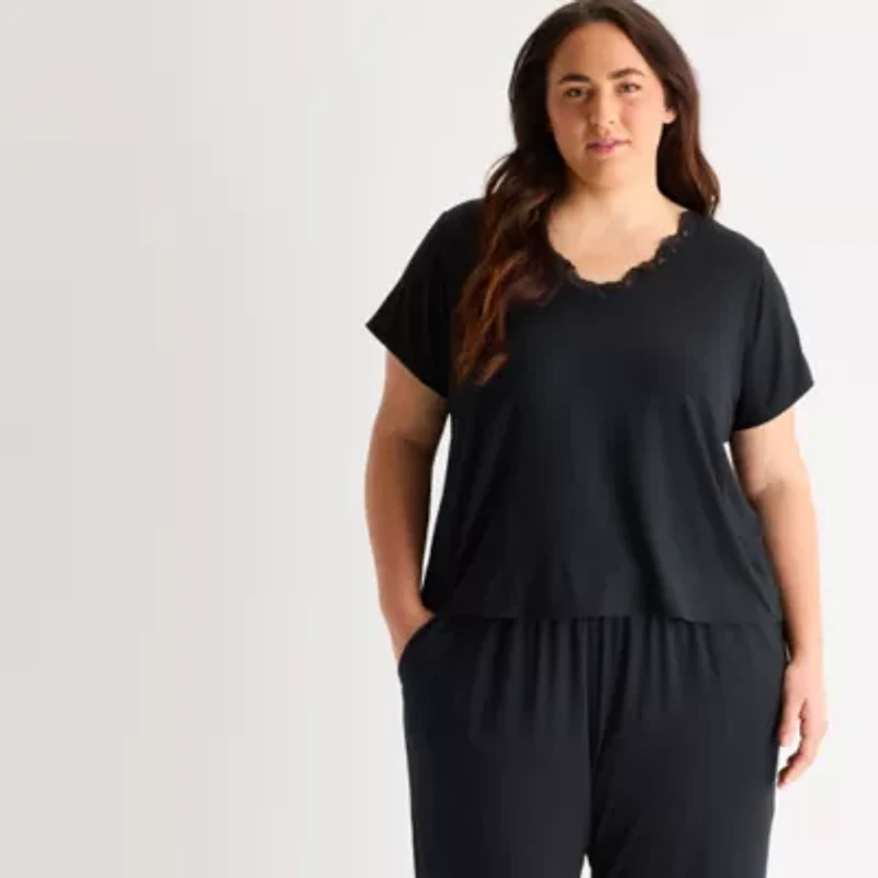 Ambrielle Womens V Neck Short Sleeve Plus Pajama Top