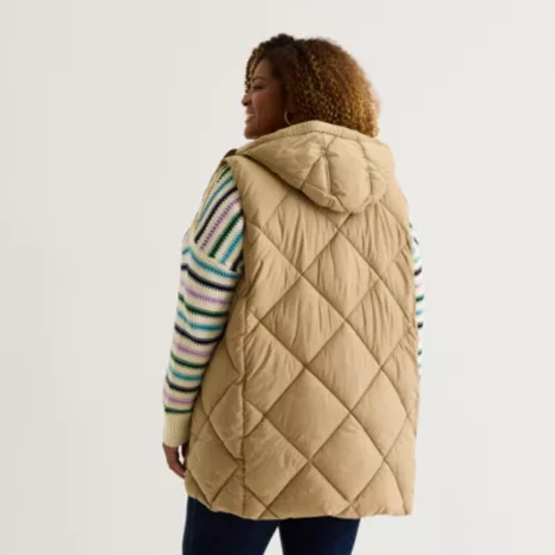 St. John's Bay Womens Plus Hooded Midweight Puffer Vest