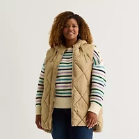 St. John's Bay Womens Plus Hooded Midweight Puffer Vest