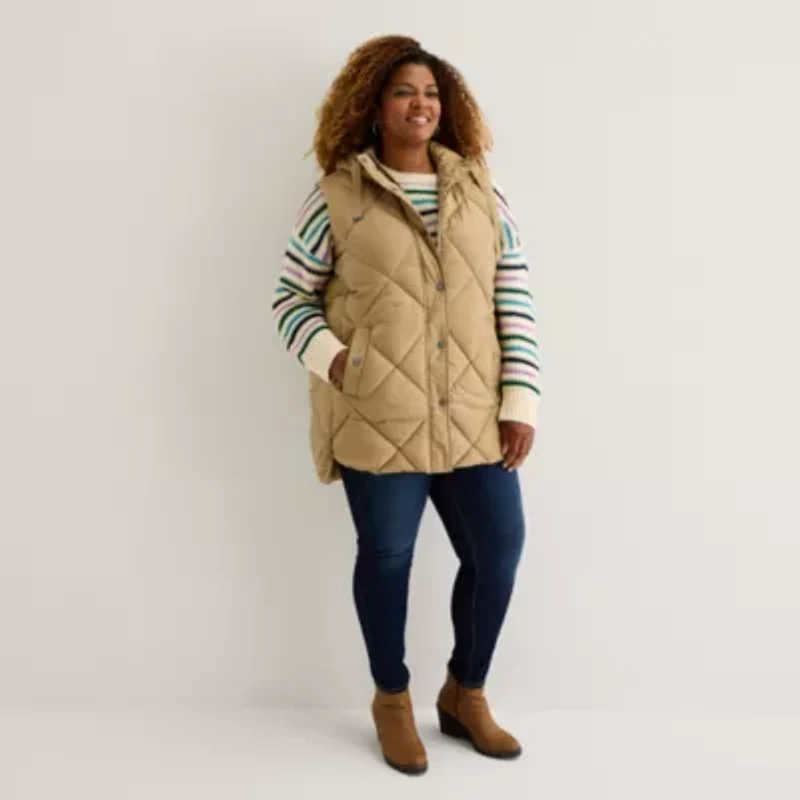 St. John's Bay Womens Plus Hooded Midweight Puffer Vest