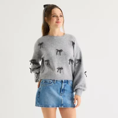 Freshman Juniors Womens Crew Neck Long Sleeve Bows Pullover Sweater