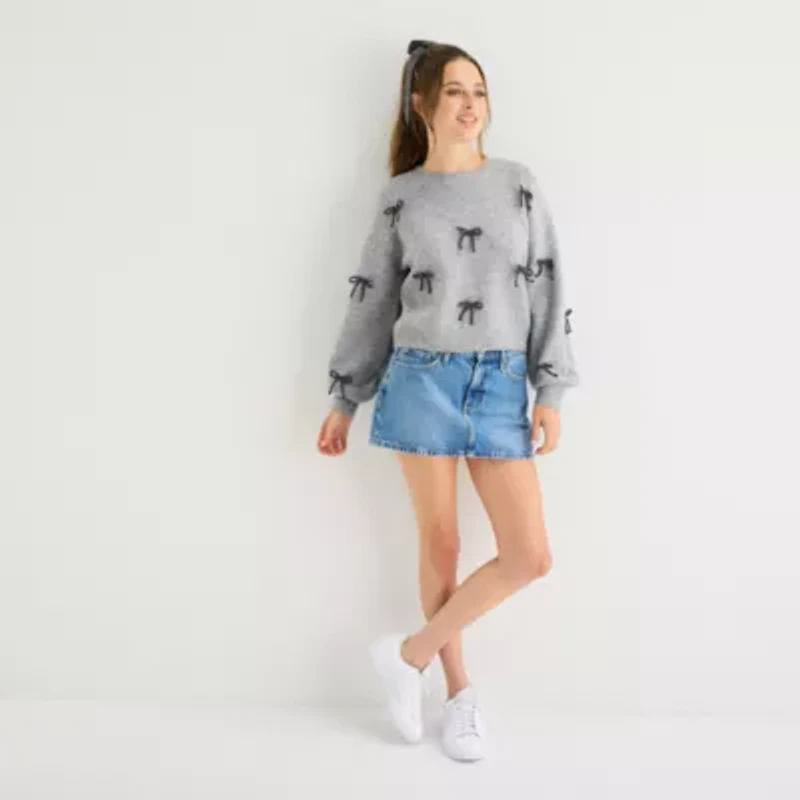 Freshman Juniors Womens Crew Neck Long Sleeve Bows Pullover Sweater