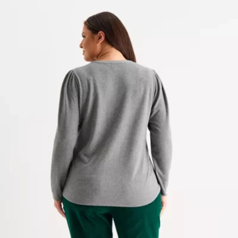 Liz Claiborne Womens Plus Split Crew Neck Long Sleeve Blouse