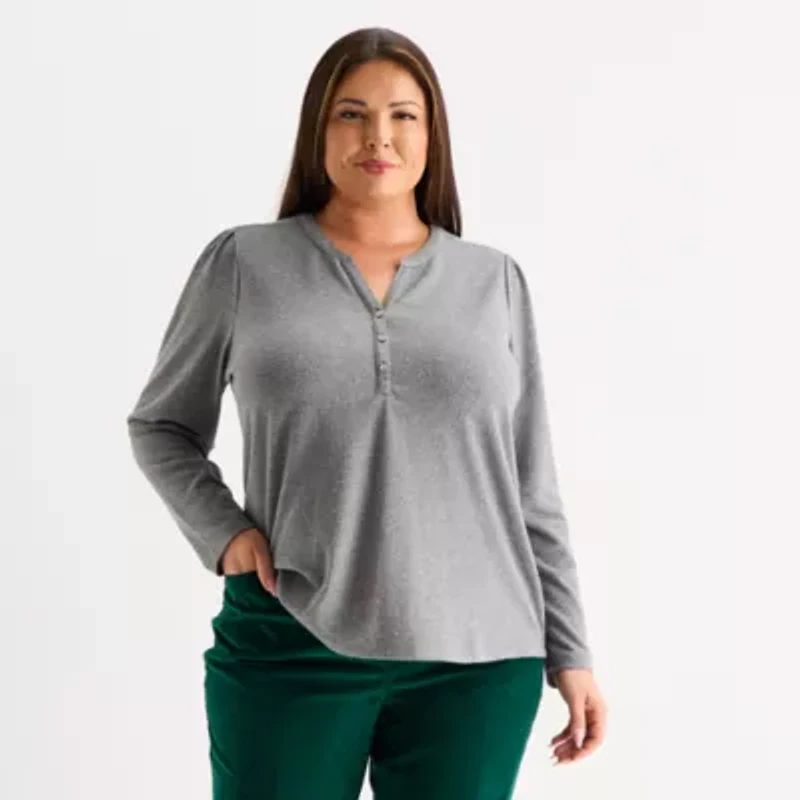 Liz Claiborne Womens Plus Split Crew Neck Long Sleeve Blouse