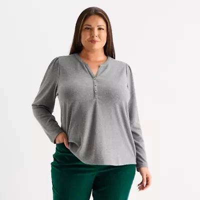 Liz Claiborne Womens Plus Split Crew Neck Long Sleeve Blouse