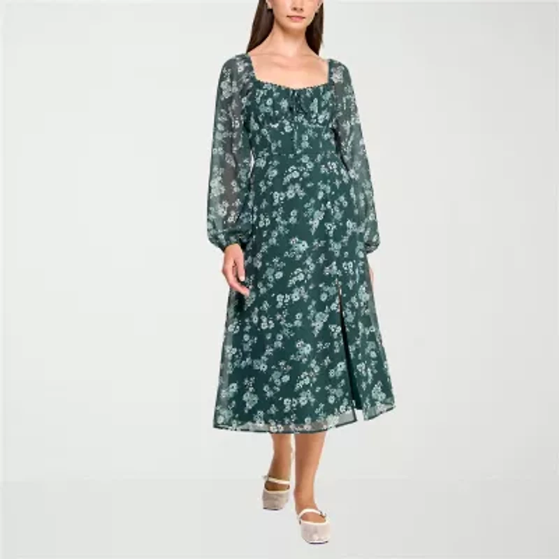 Trixxi Womens Long Sleeve Floral Midi Juniors Fit + Flare Dress